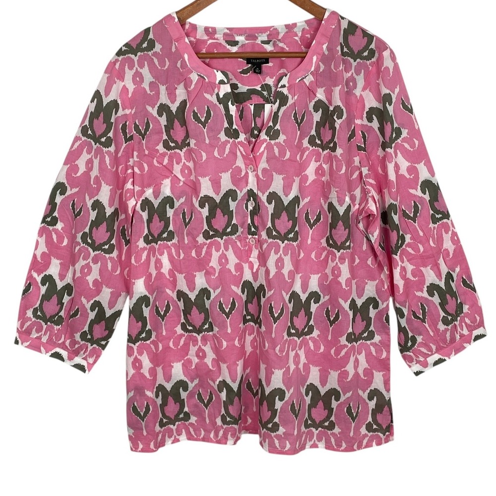 Talbots Women Pink Ikat Print 3/4 Sleeve Popover Top XL Balloon Sleeve Boho Chic